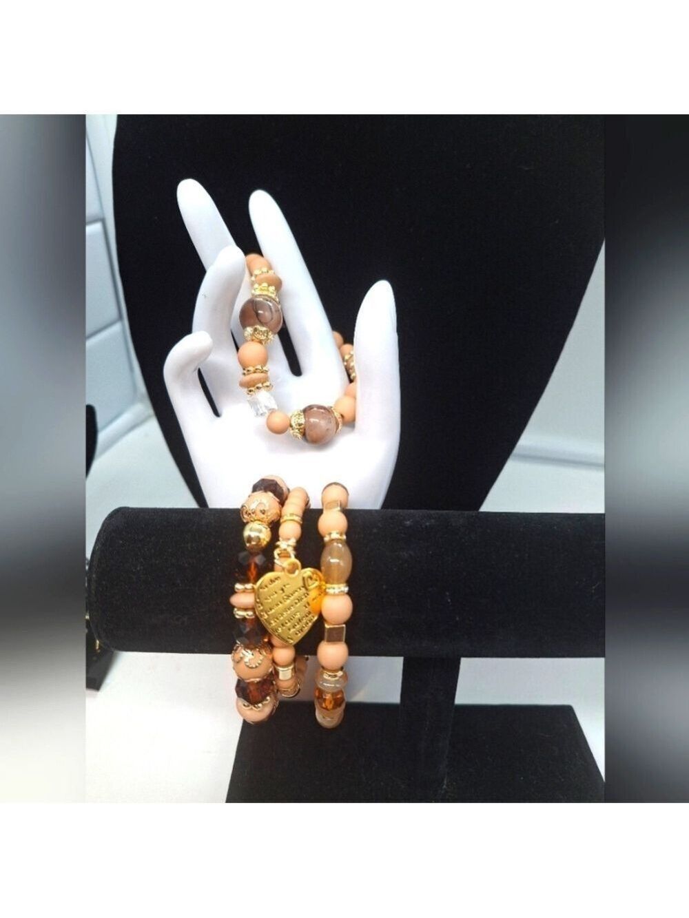 Boho Brown and Peach Color Beaded Bracelet 4 Pc Set with Gold Accents